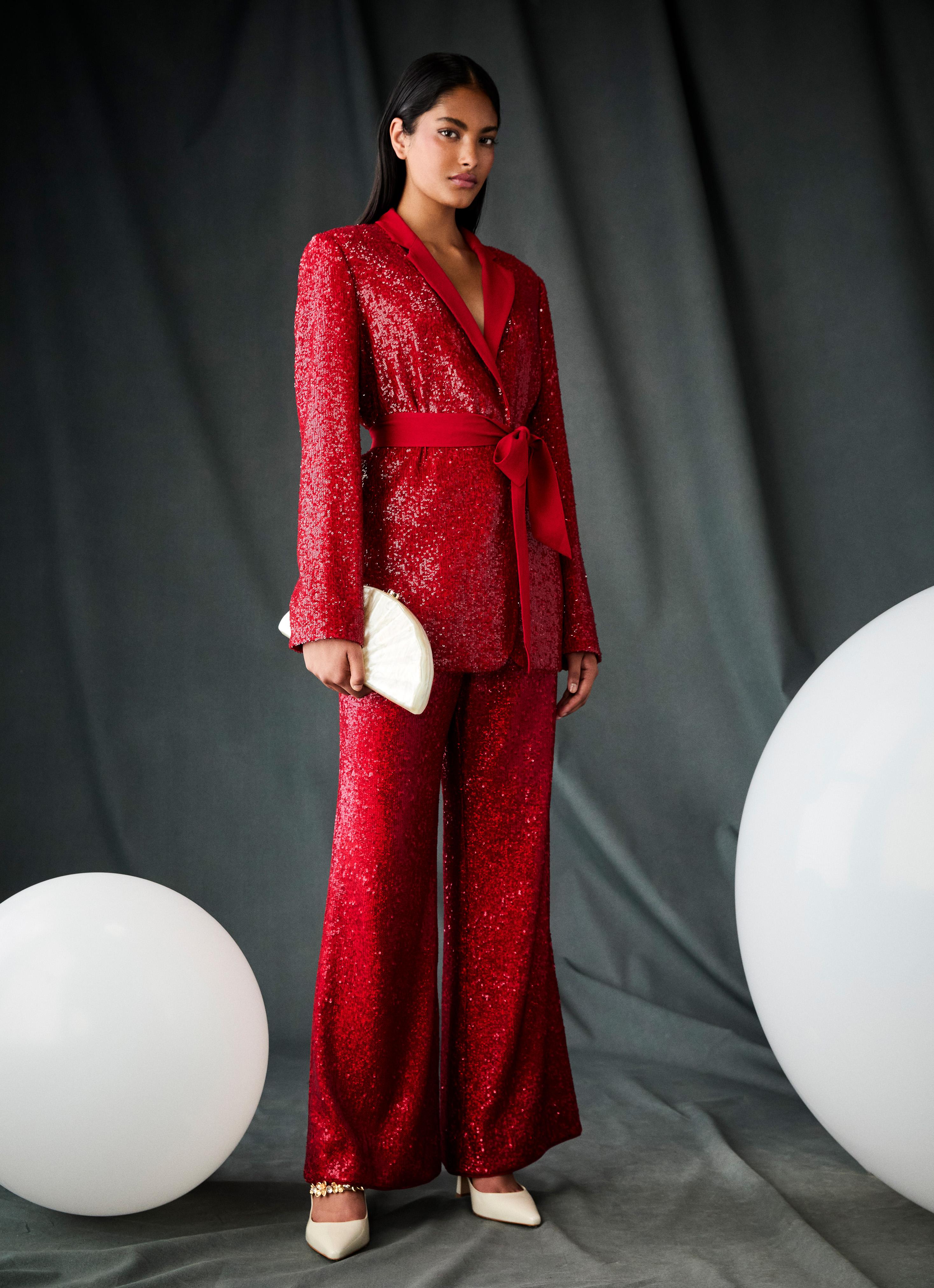 Shimmer Sequin Red  Wide Trouser