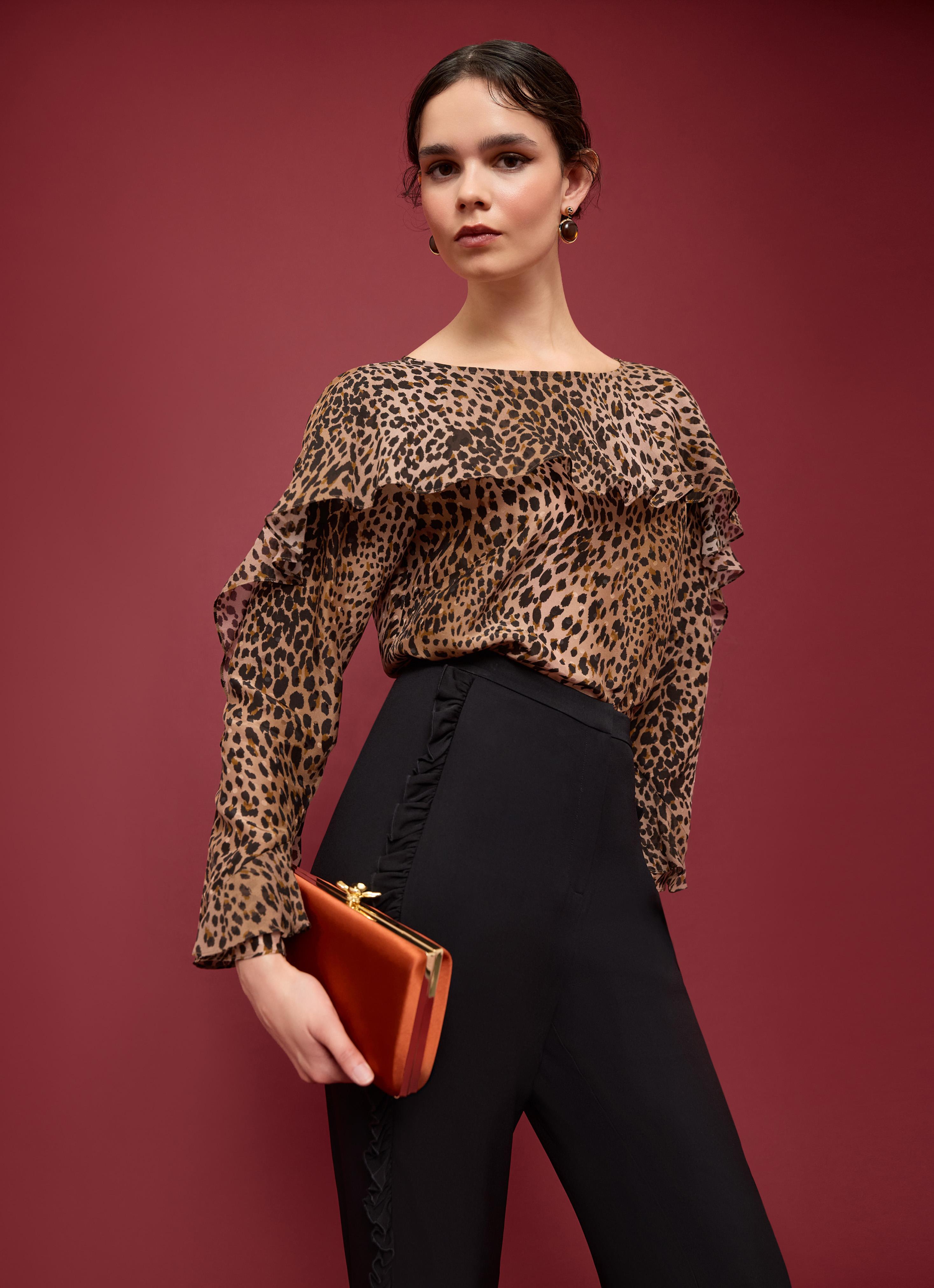 Edith Brown Animal Print Frill Detail Top