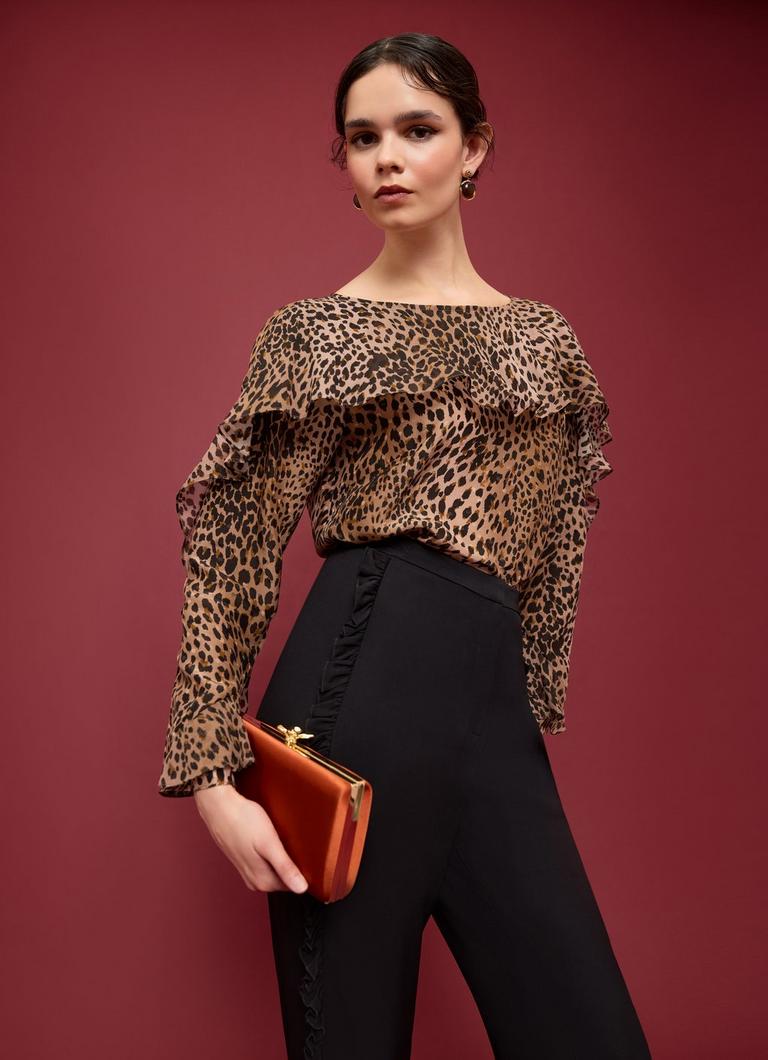 Edith Brown Animal Print Frill Detail Top