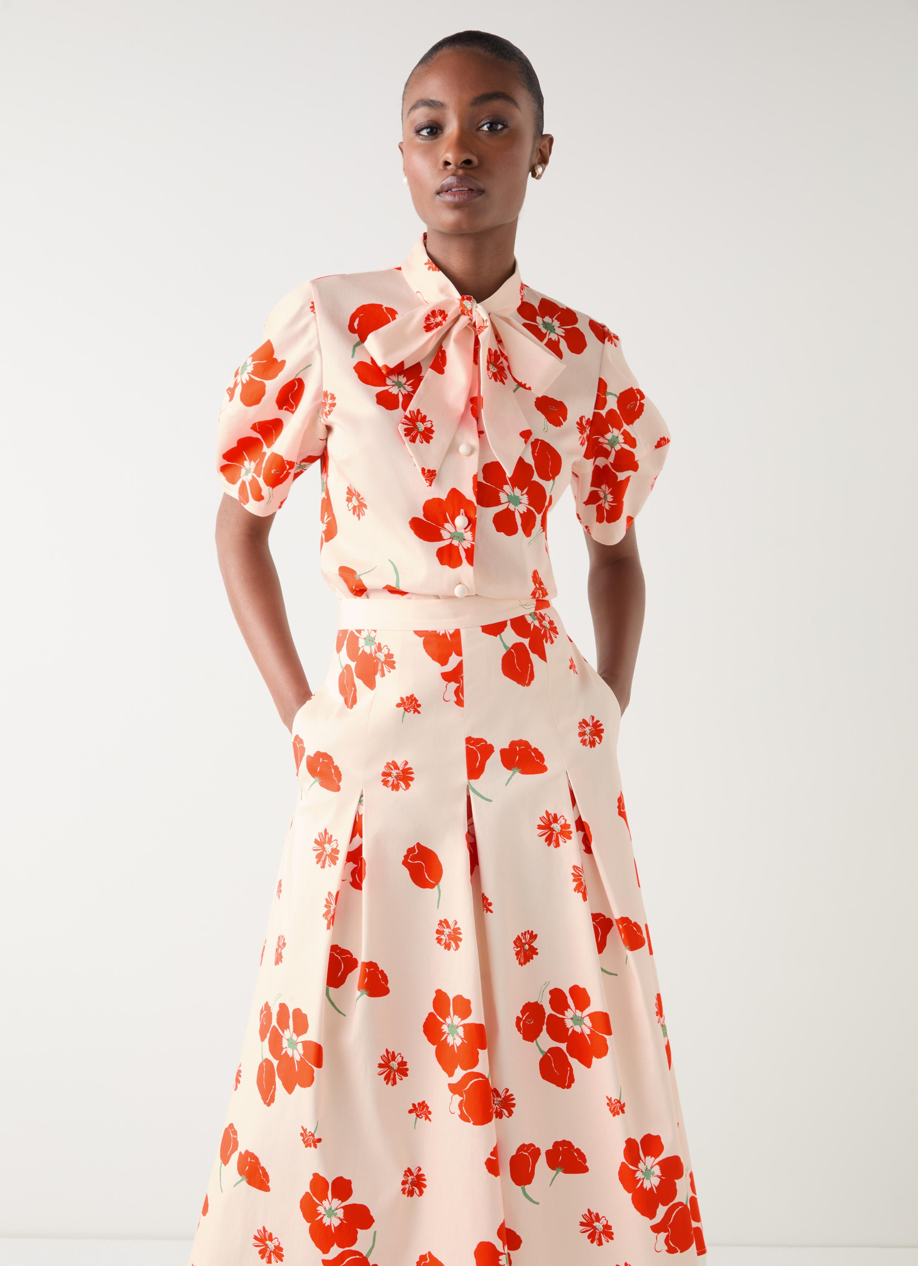 Flora Ivory & Orange Block Floral Sateen Blouse | Clothing