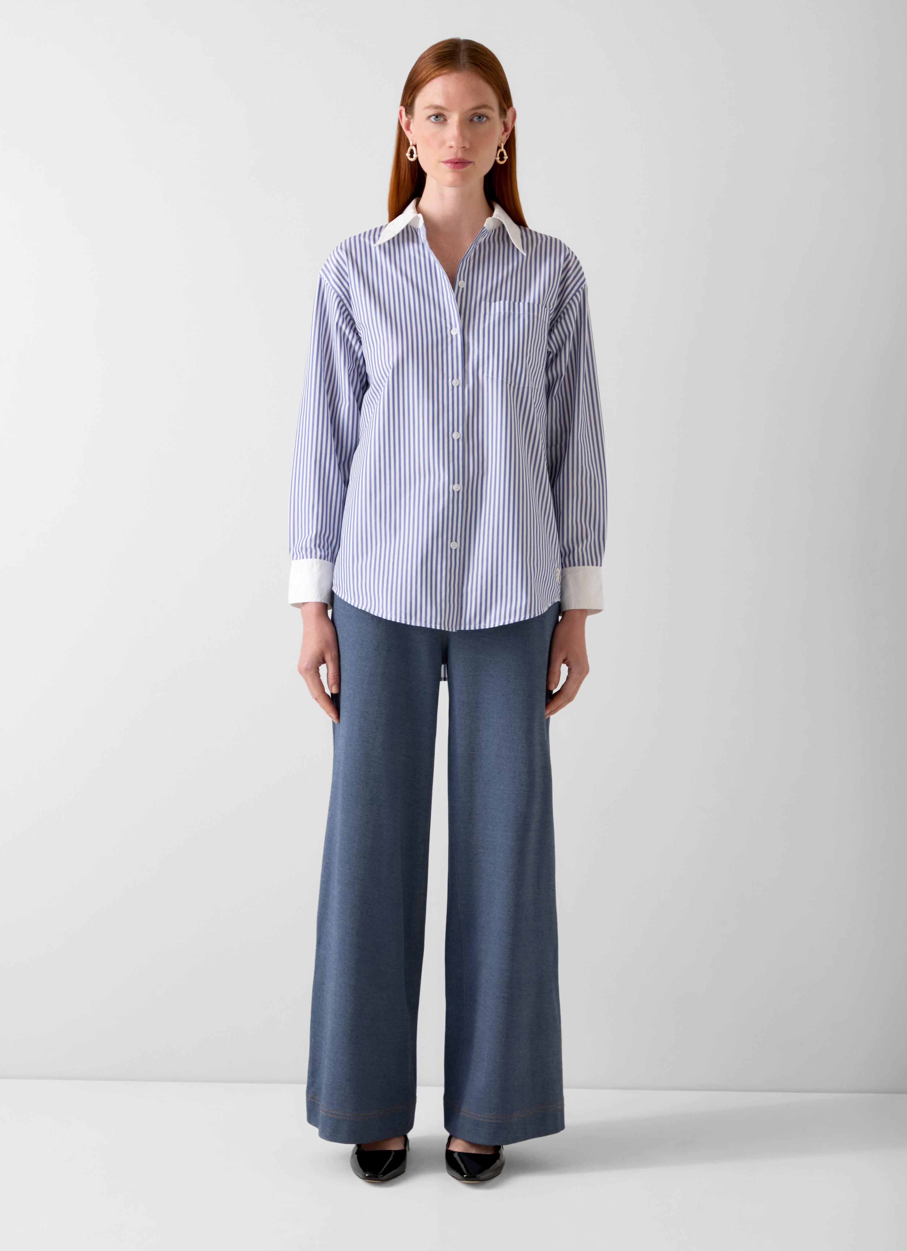 Hally White and Blue Stripe Print Cuff and Collar Shirt