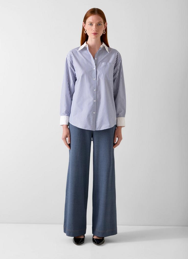 Hally White and Blue Stripe Print Cuff and Collar Shirt