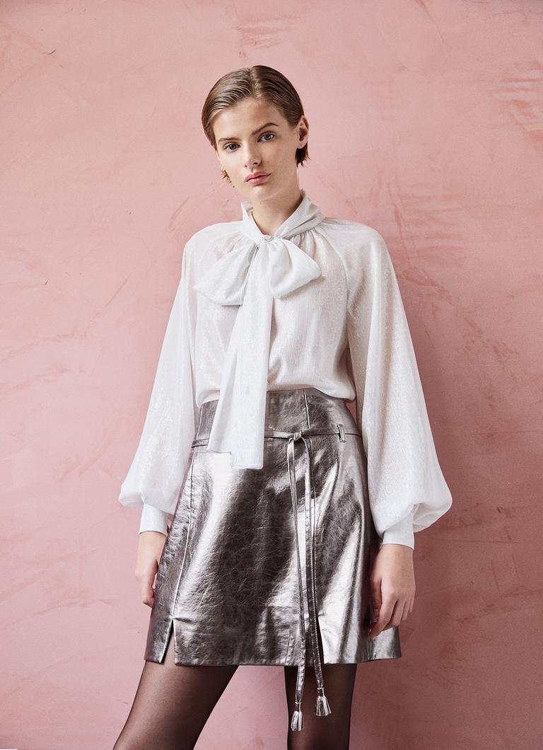 LKB LONDON Viv Bow Silver Bow Tie Blouse