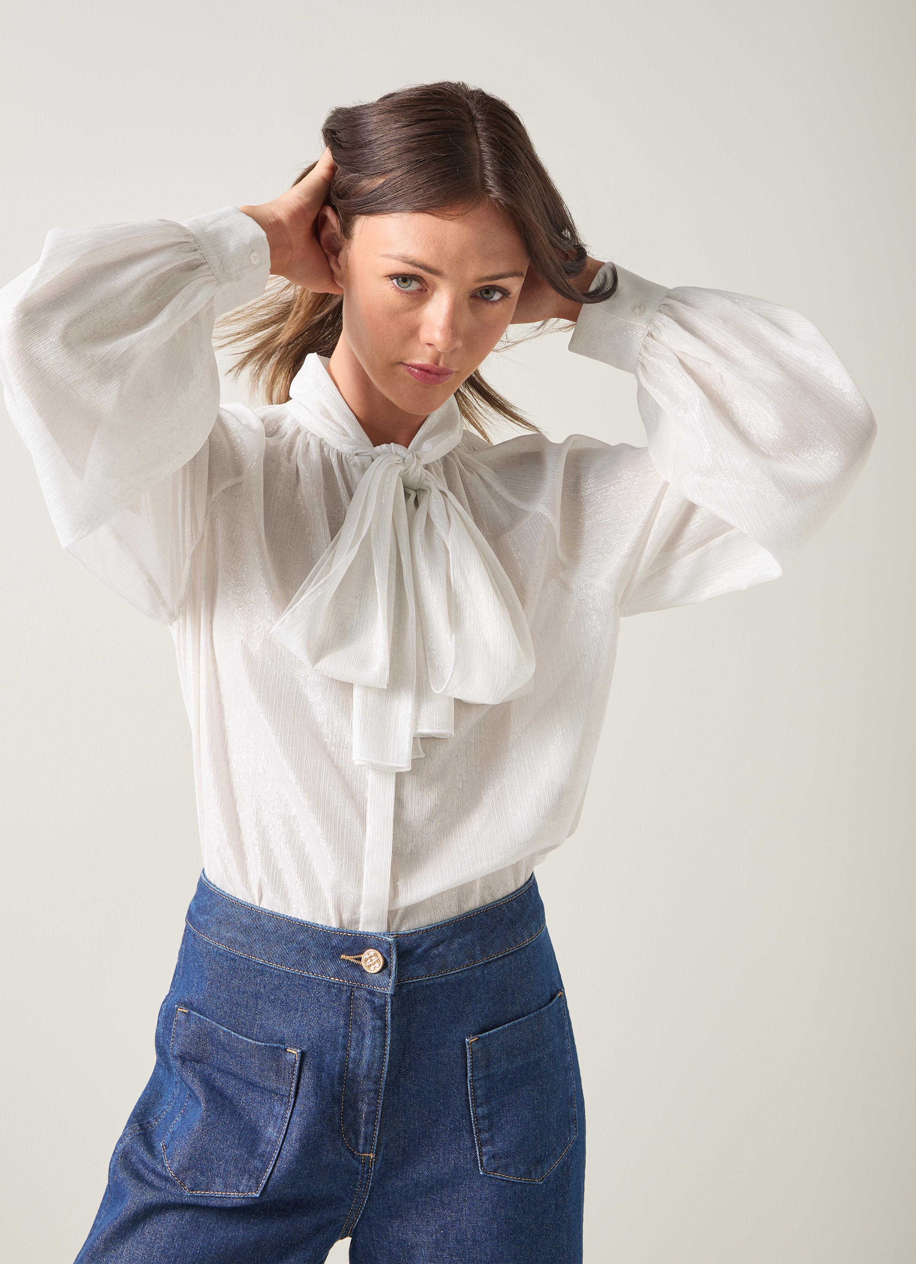 LKB LONDON Viv Bow Silver Bow Tie Blouse | Clothing | Collections