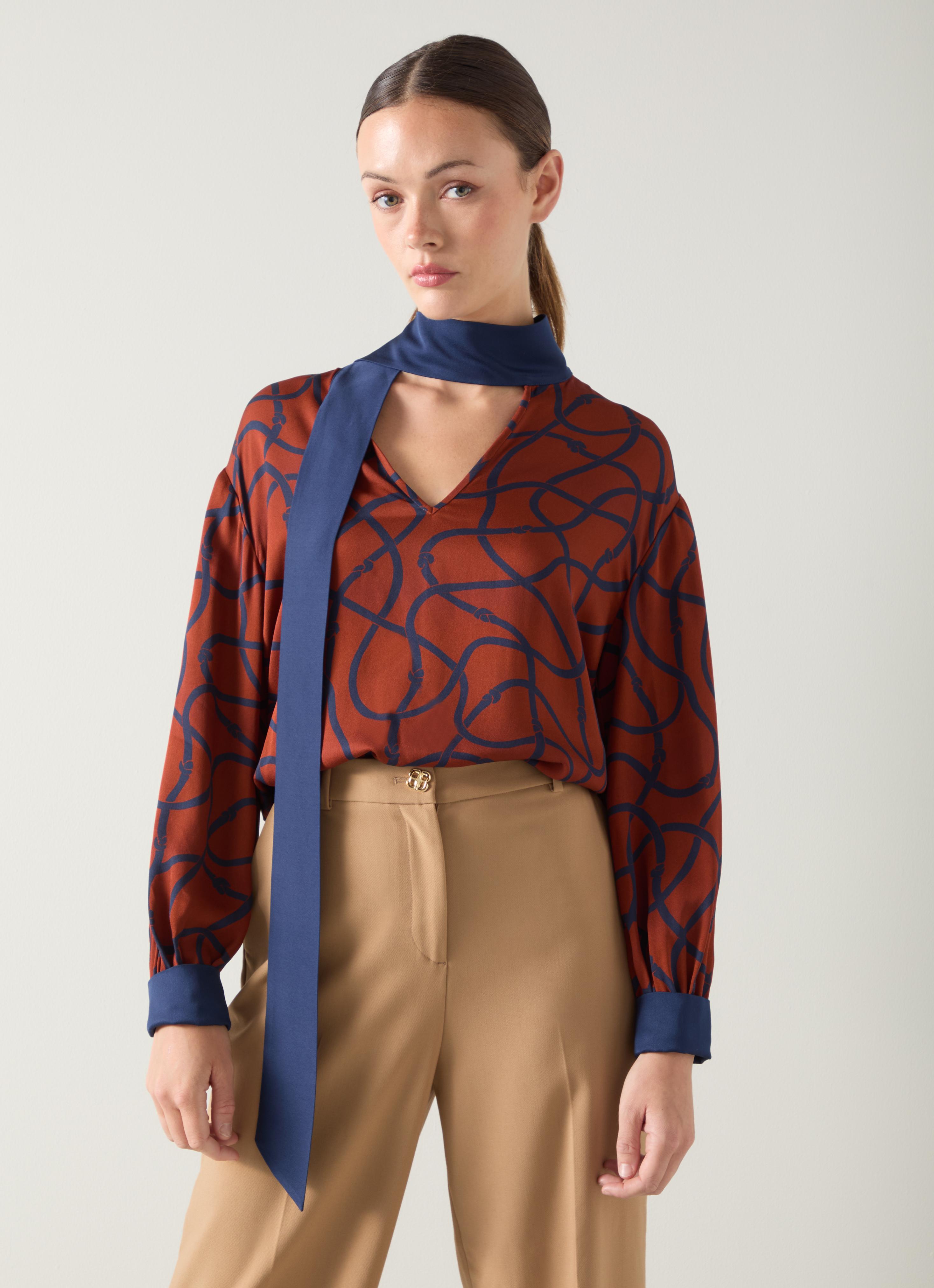 Lucille Rope Print Orange Silk Tie Neck Blouse
