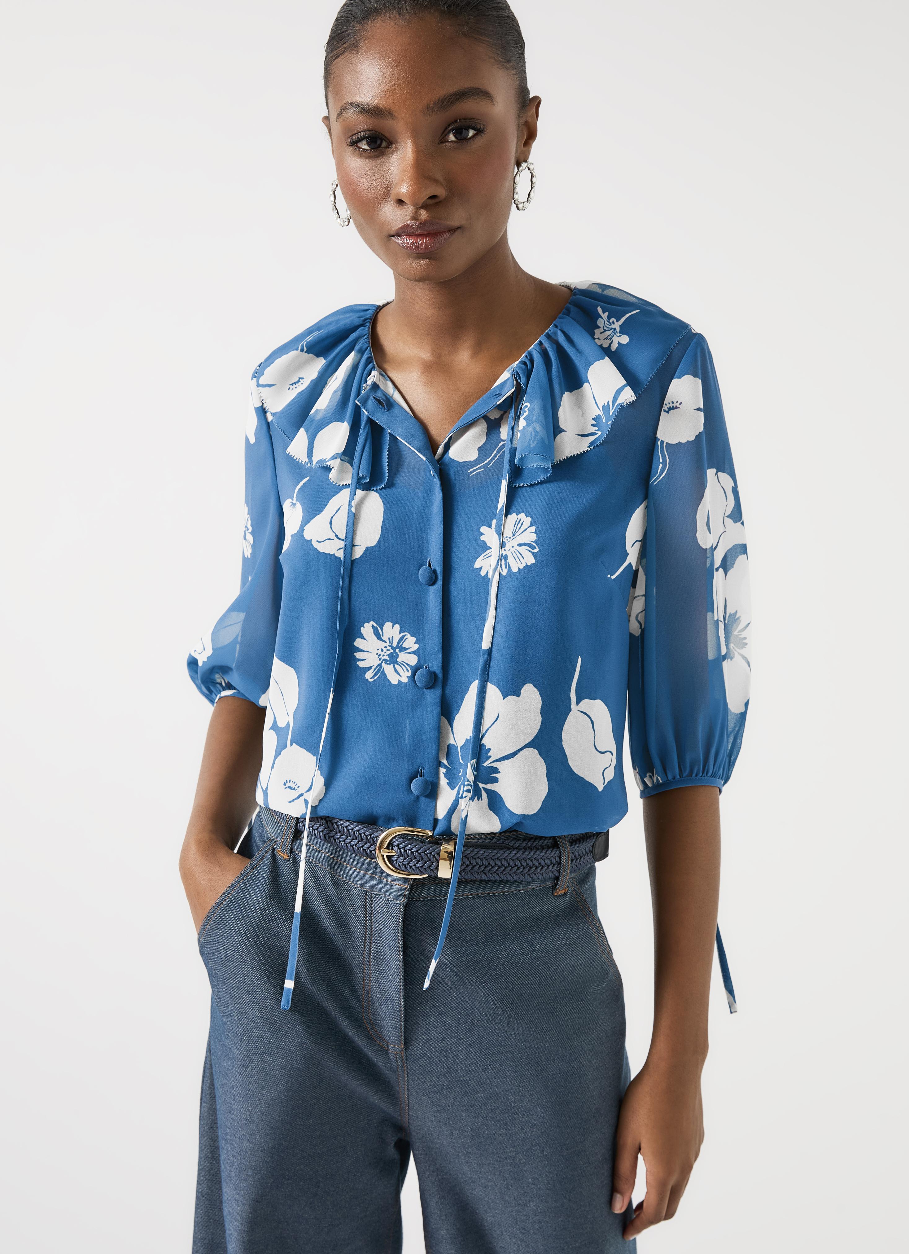 Rumi China Blue & Birch Frill Collar Block Print Blouse