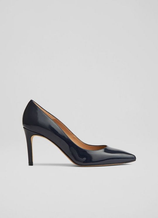 L.K.Bennett Floret Navy Patent Leather Pointed Toe Courts Navy Blue, Navy Blue