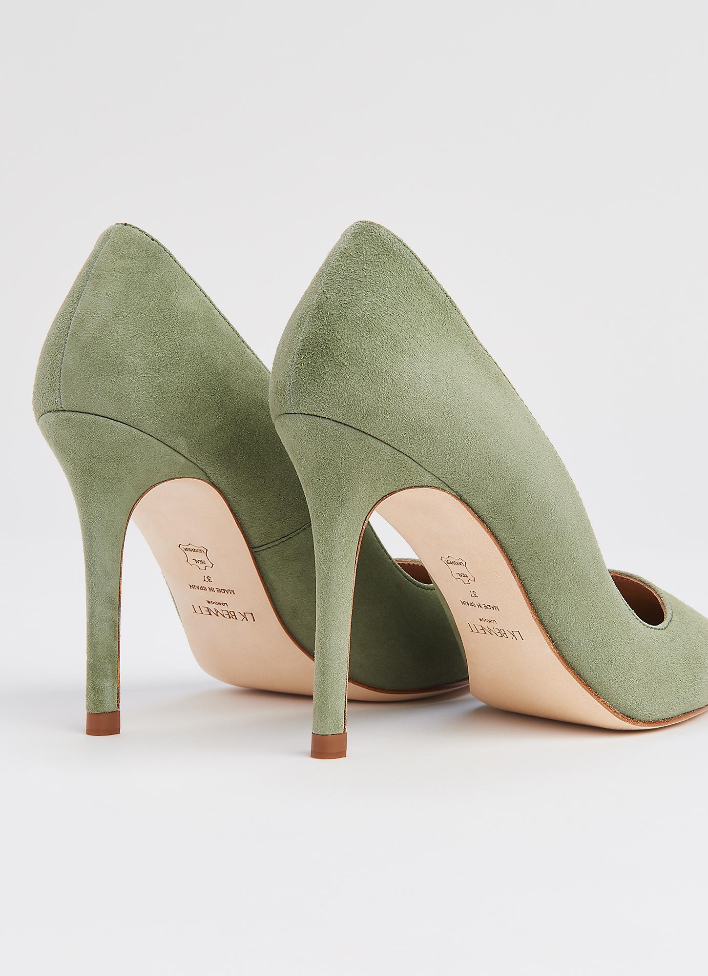 green suede court shoes