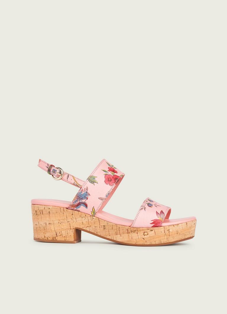 Sunny Pink Floral Print Leather Cork Sandals