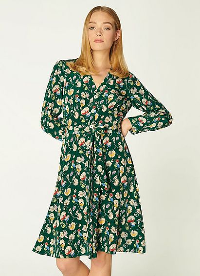 Christy Green Anemone Print Silk Dress Evergreen, Evergreen