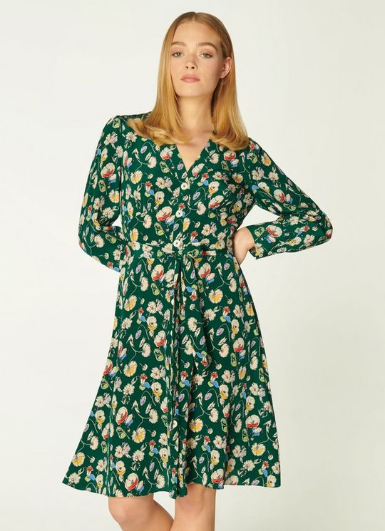 L.K.Bennett Christy Green Anemone Print Silk Dress Evergreen, Evergreen