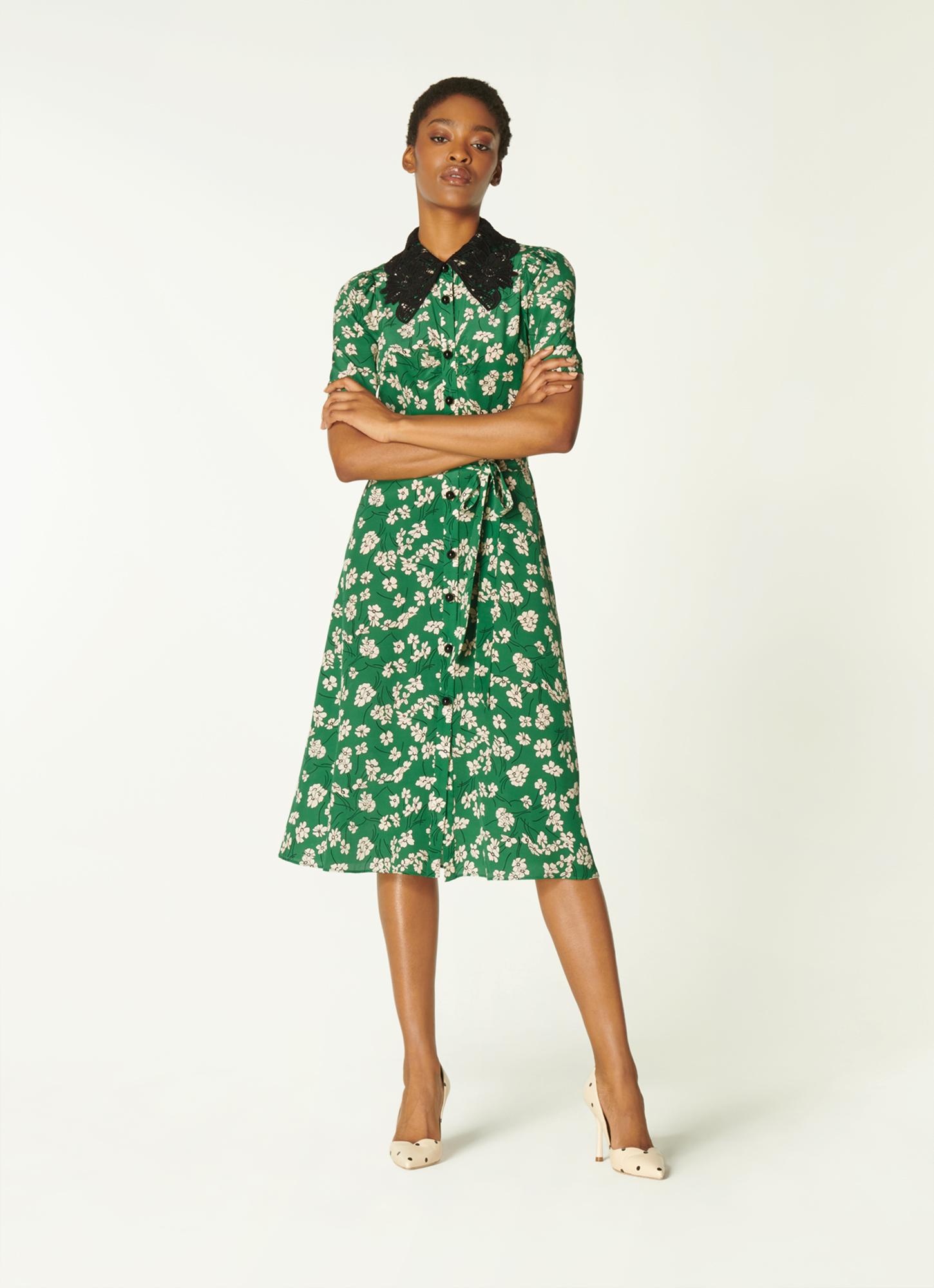 green emerald velvet dress Gele Mini Dress in Patchwork Daisy Green main image 0