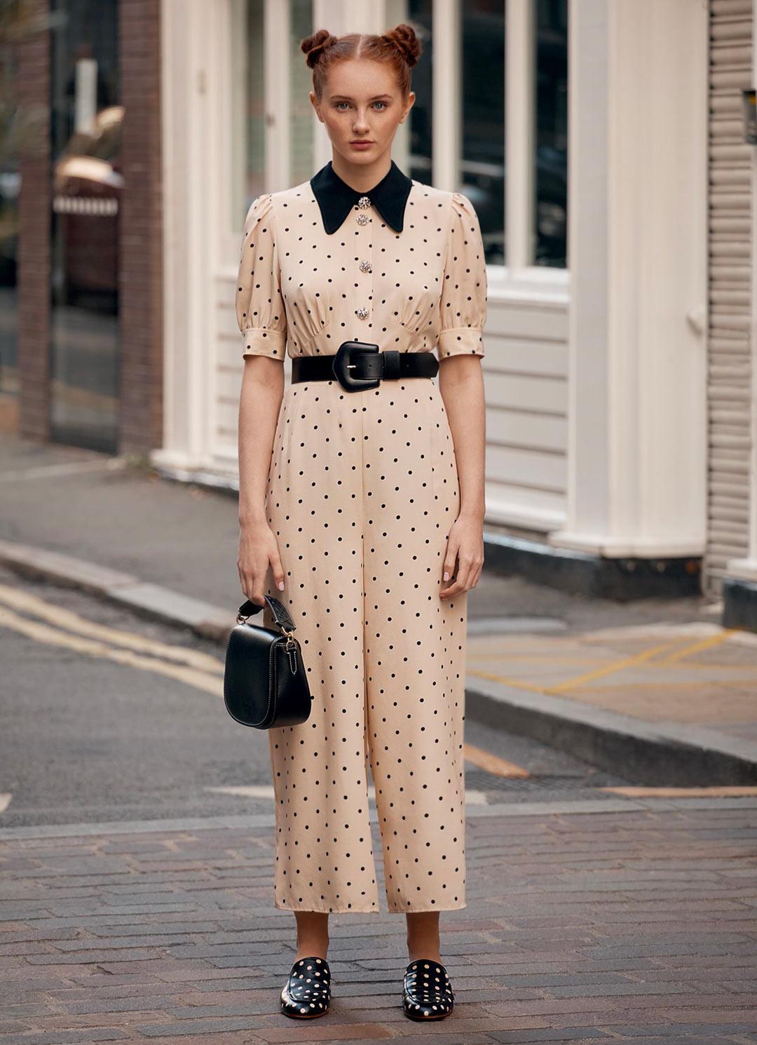 Lena Cream and Black Polka Dot Print Silk Jumpsuit Clothing