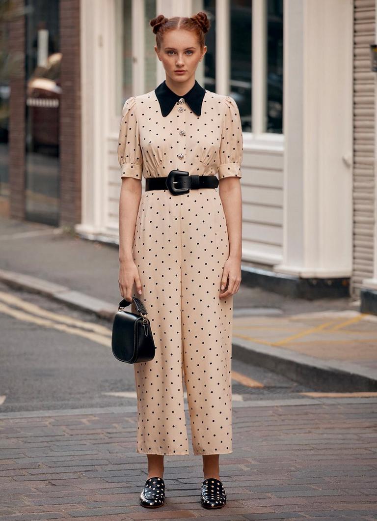 Lena Cream and Black Polka Dot Print Silk Jumpsuit Clothing L.K.Bennett