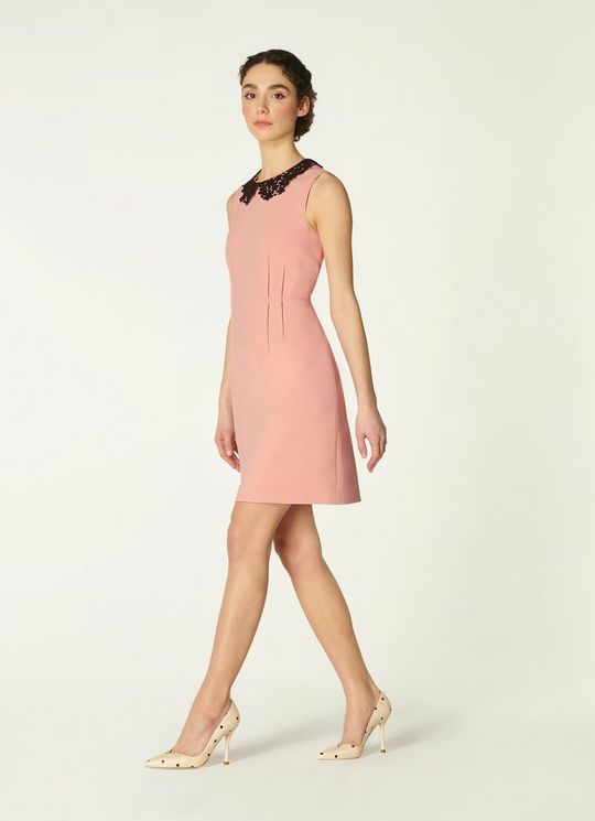 L.K.Bennett Maisie Pink Crepe Lace Collar Dress, Pale Rose