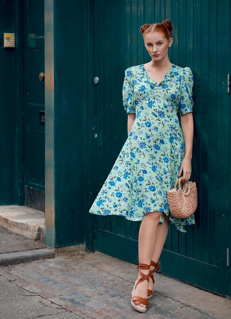 Pami Green Romance Floral Silk Dress Clothing