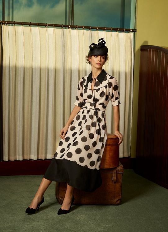 L.K.Bennett Pierre Monochrome Oversized Spot Print Georgette Dress, Cream Black