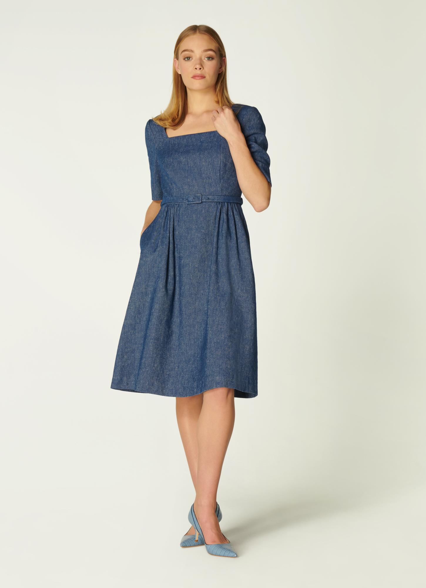 chinese dress ladies L. K. Bennett Taupe/Blue-Gray Striped Sleeveless Full-Skirted Linen Dr   Christina Finn Style & Boutique
