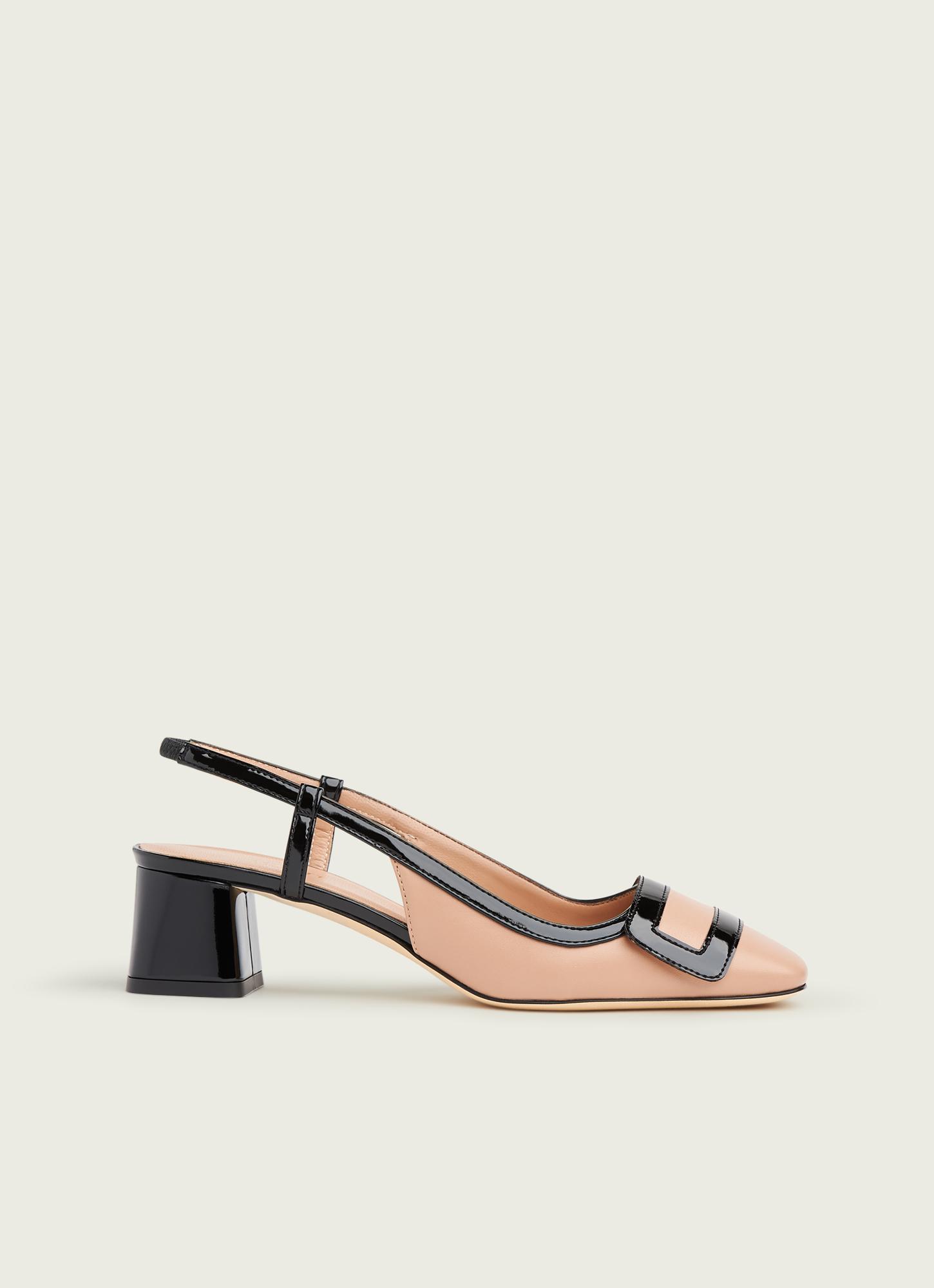 Hilary Beige Black Leather Block Heel Slingbacks Shoes