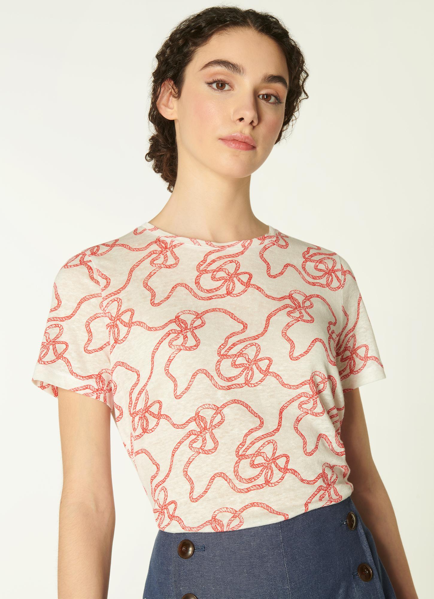 Lulu Red and White Rope Print Linen T-Shirt, Red Multi