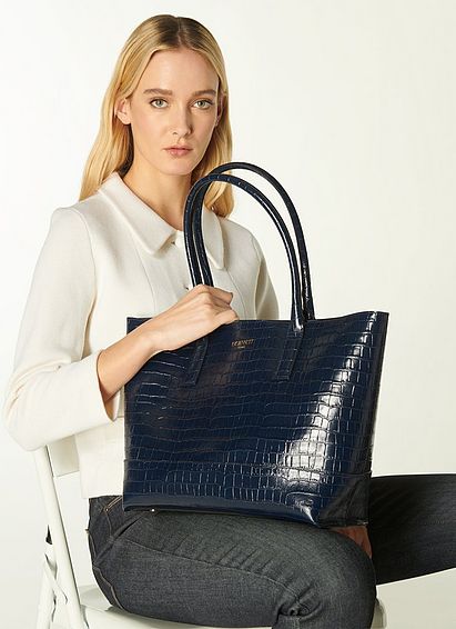 Lacey Navy Croc-Effect Leather Tote Bag, Navy