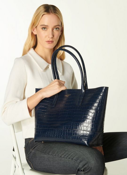 L.K.Bennett Lacey Navy Croc-Effect Leather Tote Bag, Navy