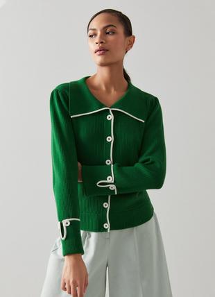 Bea Green Merino-Cotton Contrast Trim Ribbed Cardigan