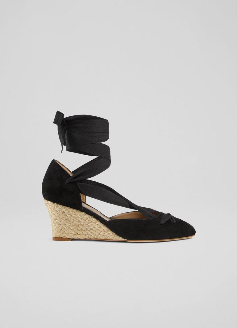 Lana Black Suede Crossover Strap Espadrille Wedges