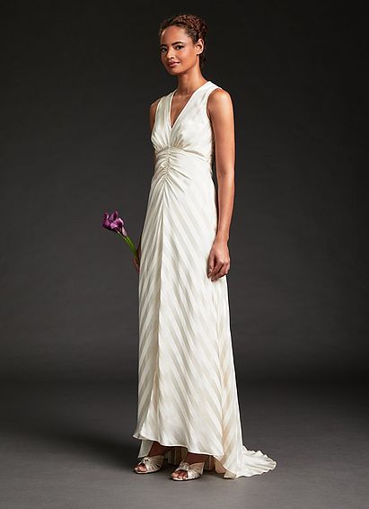Colette Cream Silk Chevron Stripe Long Wedding Dress, Cream