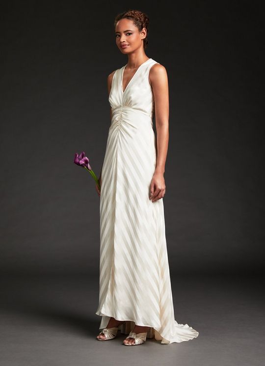 L.K.Bennett Colette Cream Silk Chevron Stripe Long Wedding Dress, Cream