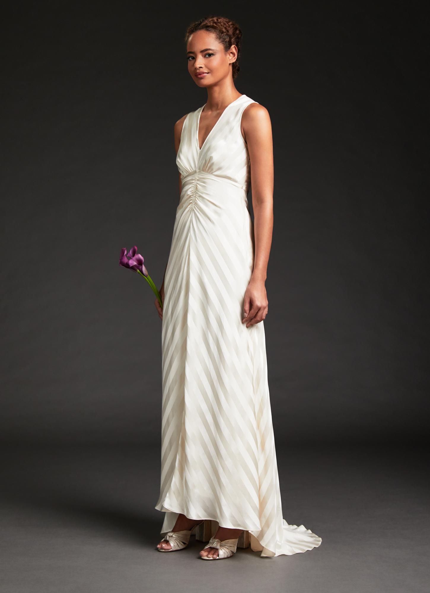 L.K.Bennett Colette Cream Silk Chevron Stripe Long Wedding Dress, Cream