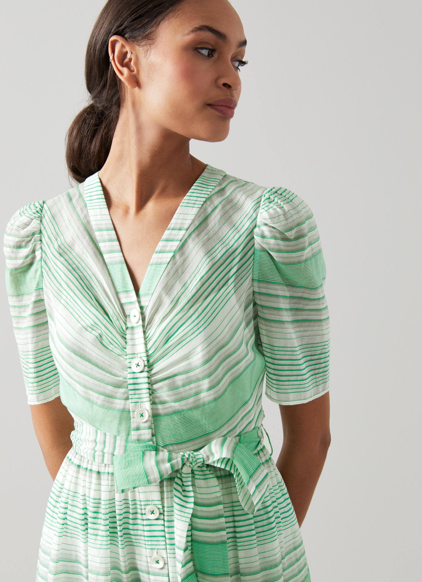 green and white striped shirt dress