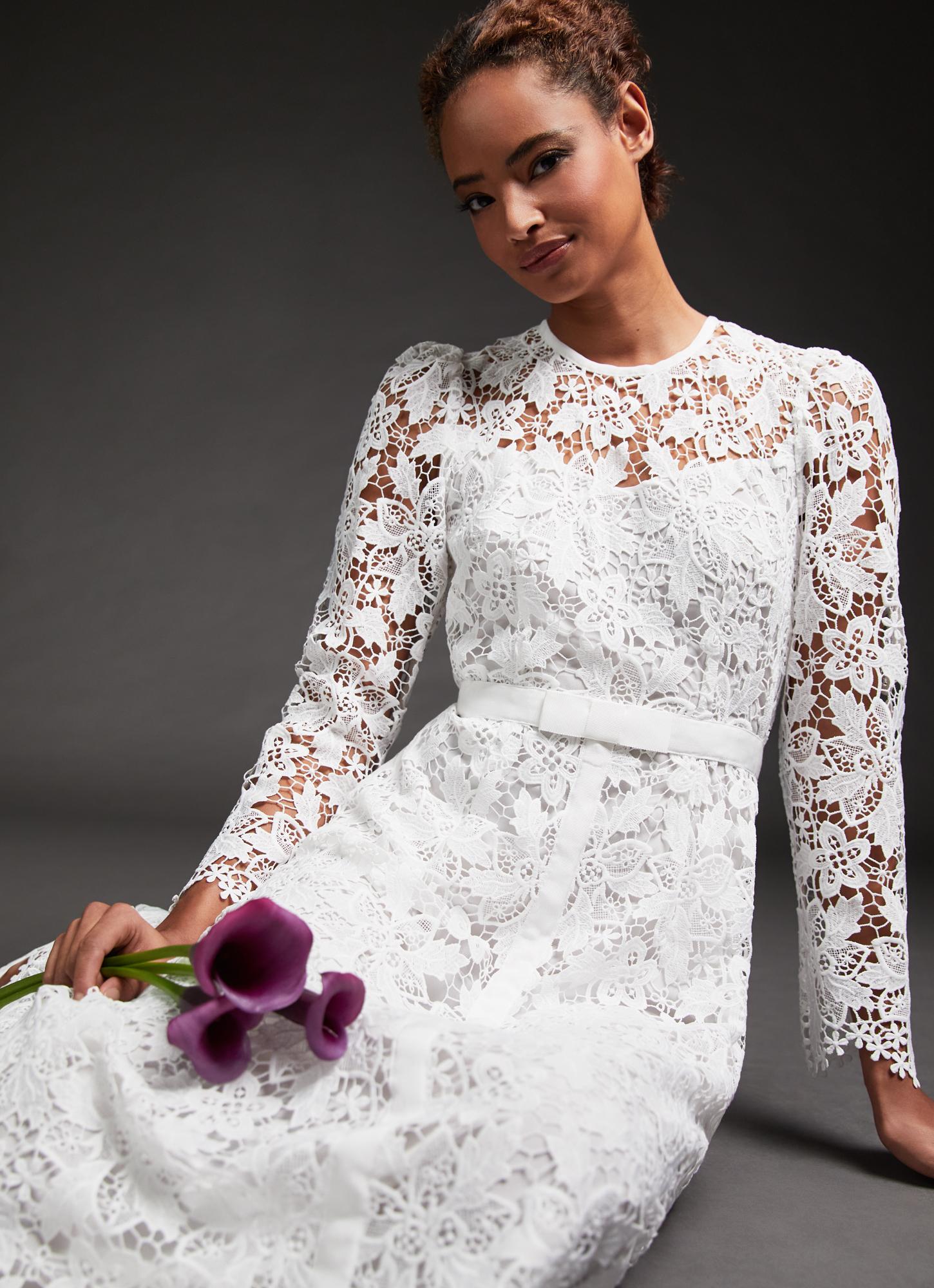 knee length dresses for ladies LK Bennett White Lace Trimmed Midi Dress UK 8