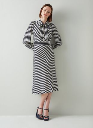 Marcellin Navy and Cream Stripe Silk Dress