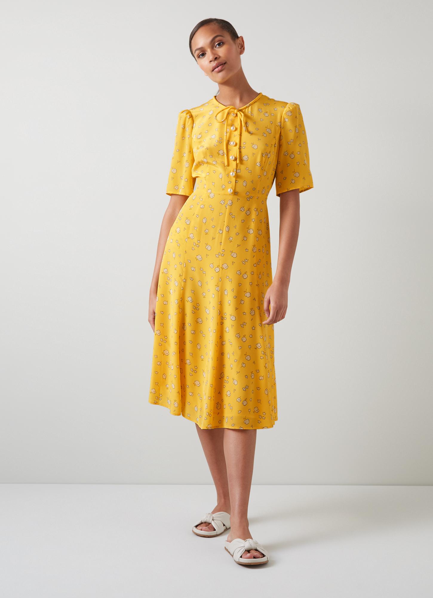 Montana Yellow Naive Floral Print Silk Tea Dress The Archive Sale L.K.Bennett London