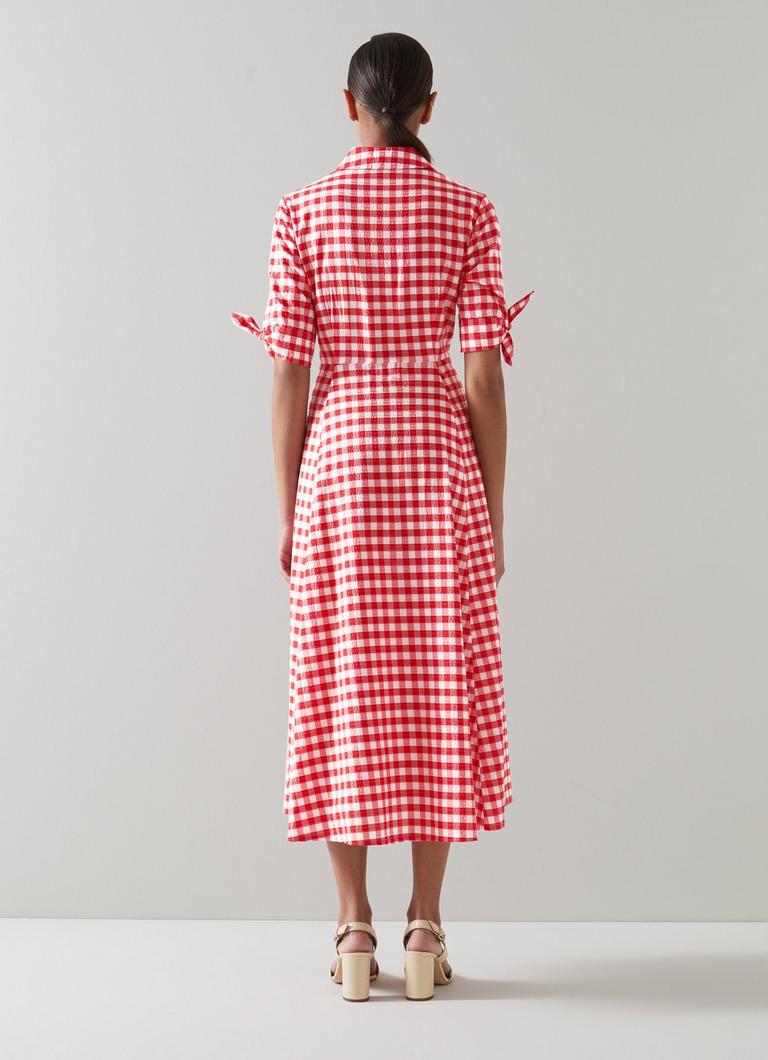 Red white check dress discount