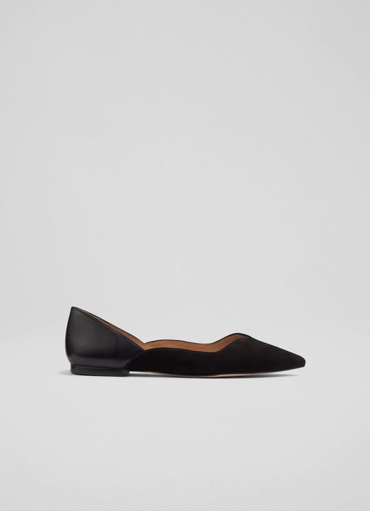 L.K.Bennett Iris Black Suede and Leather Sweetheart Flats, Black