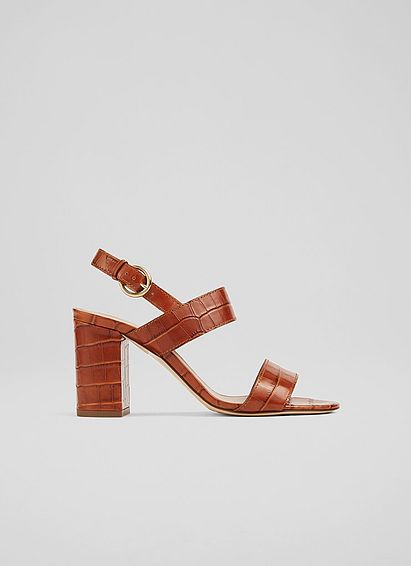 Raya Tan Croc-Effect Leather Sandals Brown, Brown