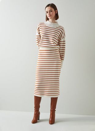 Isabella Cream and Orange Stripe Merino Wool Skirt