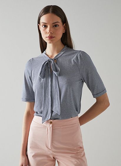 Cali Blue Fine Stripe Cotton-Modal Bow Detail T-Shirt Dusty Blu, Dusty Blu