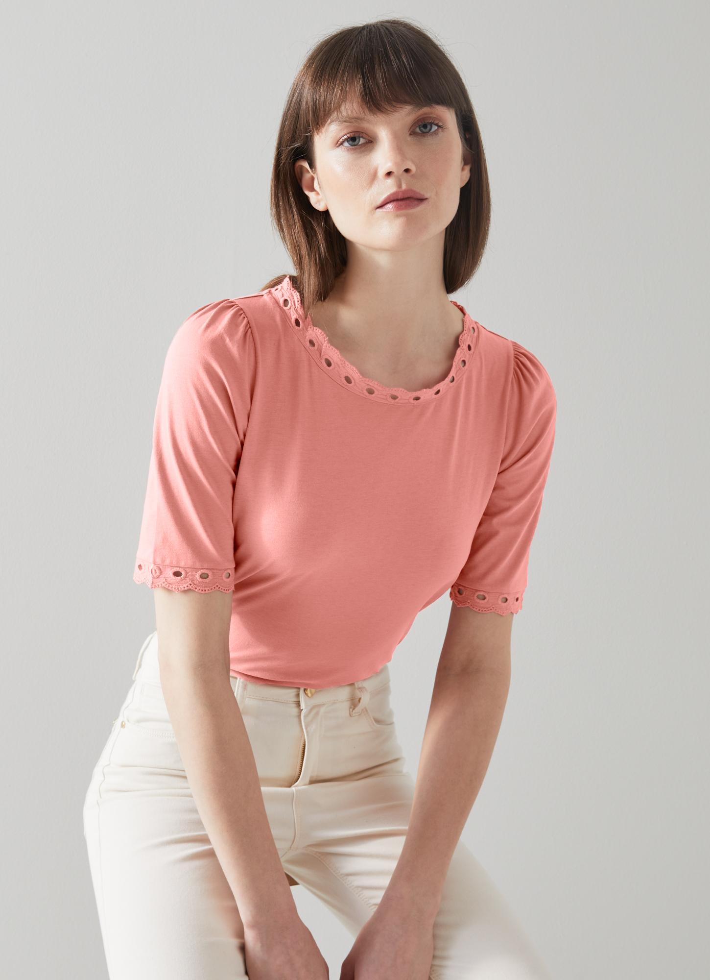 L.K.Bennett Lilly Pink Jersey Broderie Anglaise Trim T-Shirt, Dusty Rose