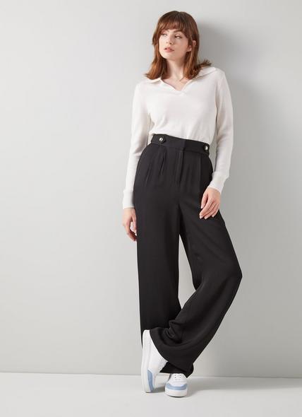 Sisi Black Crepe Pleat Front Wide-Leg Trousers