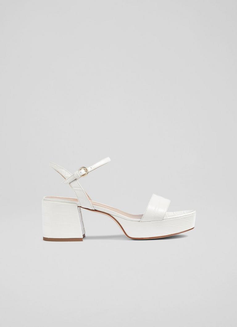 Amia White Croc Effect Leather Low Platform Sandals Sale