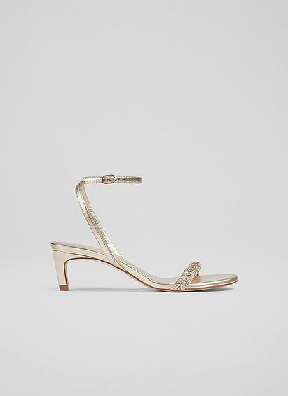 Andria Gold Leather and Crystal Plaited Sandals, Gold