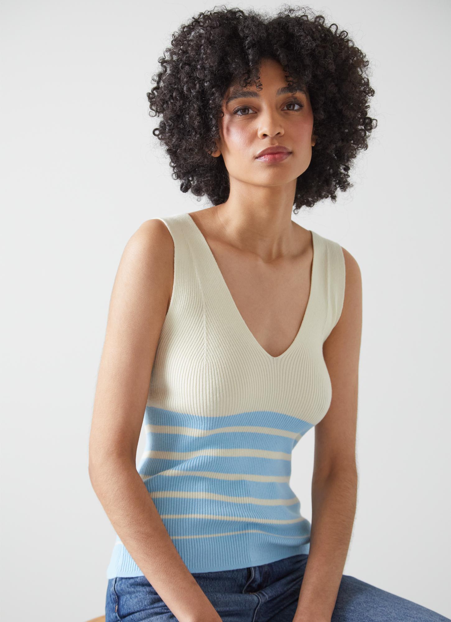 L.K.Bennett Azul Striped Cotton and  Ribbed Vest with LENZING ECOVERO viscose, Ivory Pale Blue