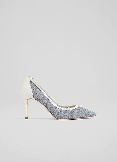 Megan Blue Linen and Cream Leather Pointed Toe Courts, Blue