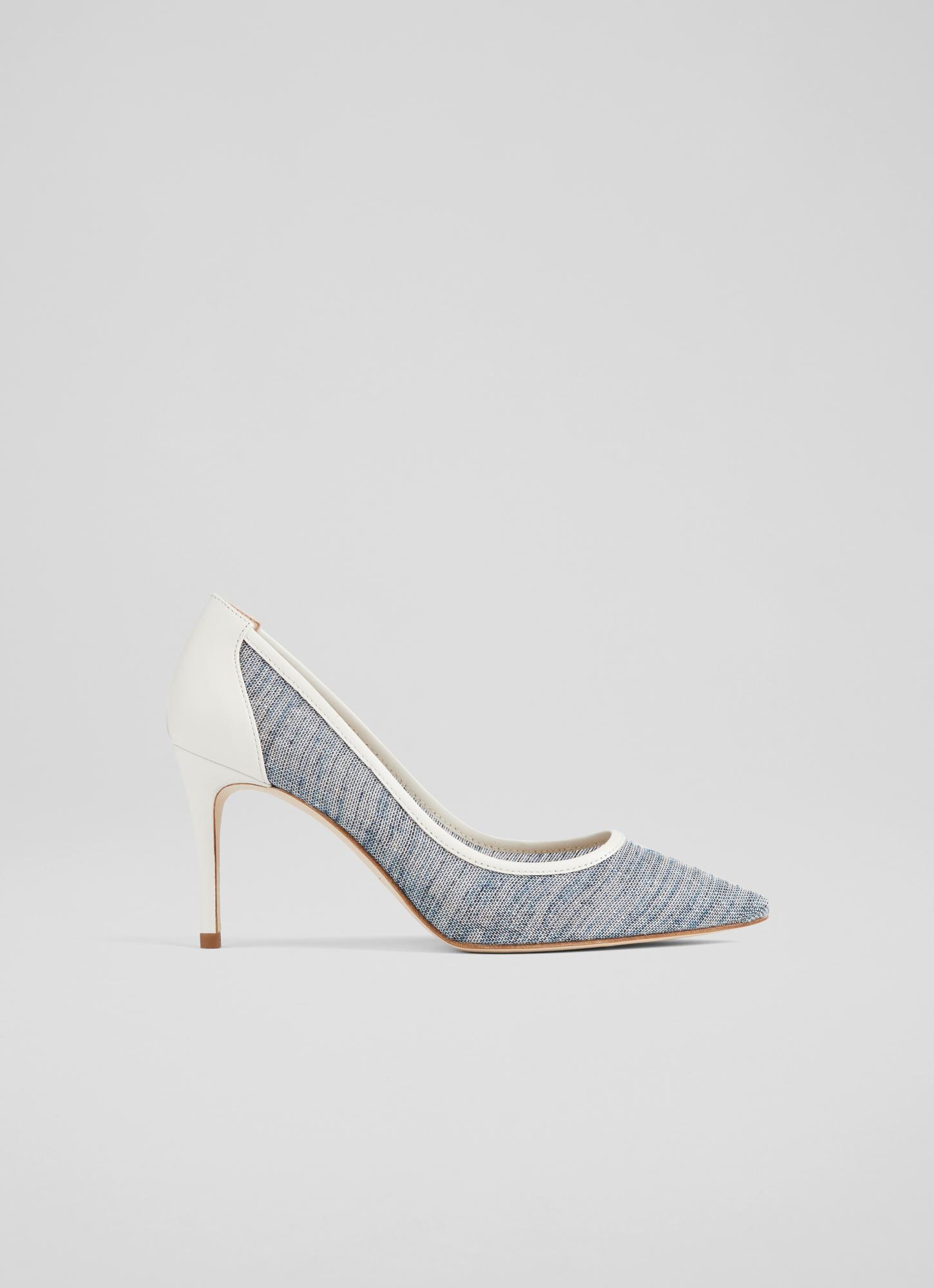 L.K.Bennett Megan Blue Linen and Cream Leather Pointed Toe Courts, Blue