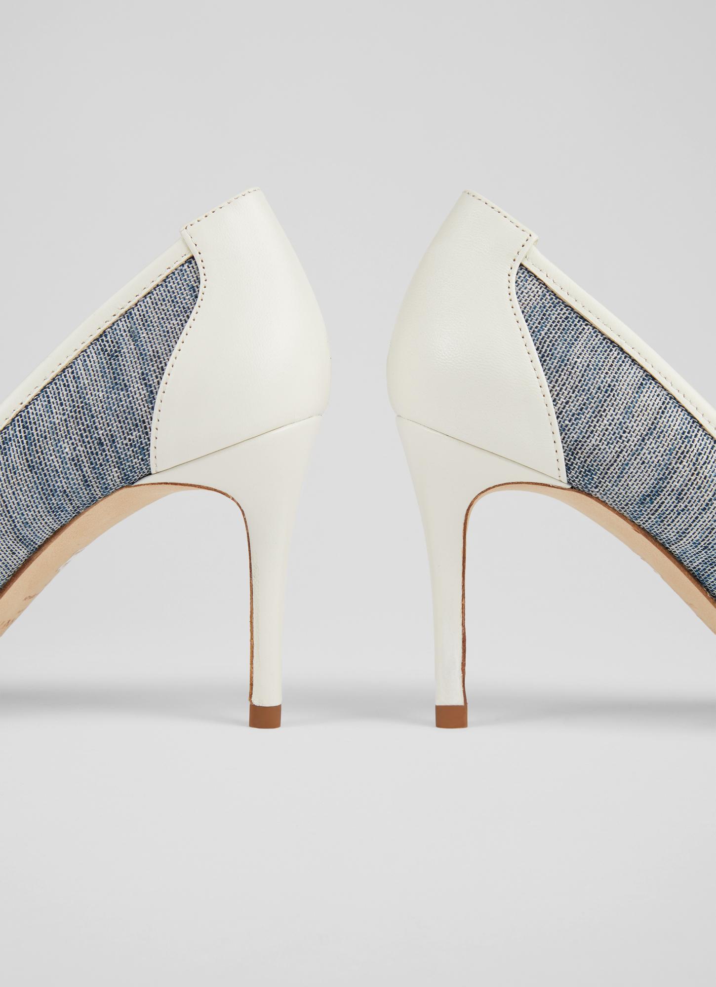 Megan Blue Linen and Cream Leather Pointed Toe Courts Sale