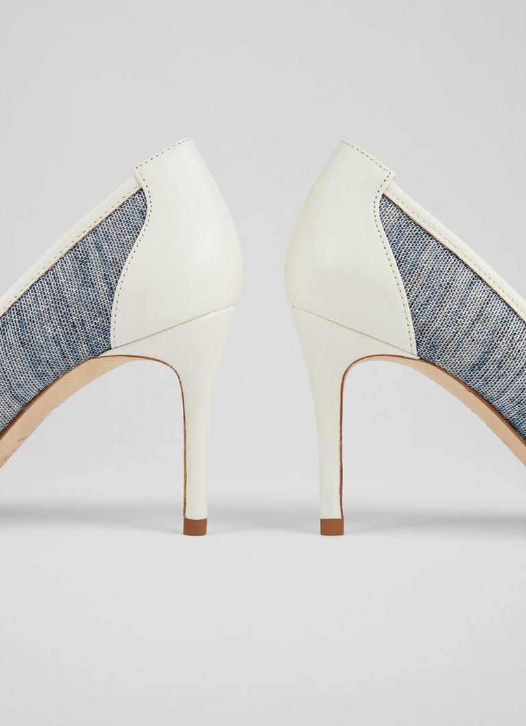 Megan Blue Linen and Cream Leather Pointed Toe Courts Sale