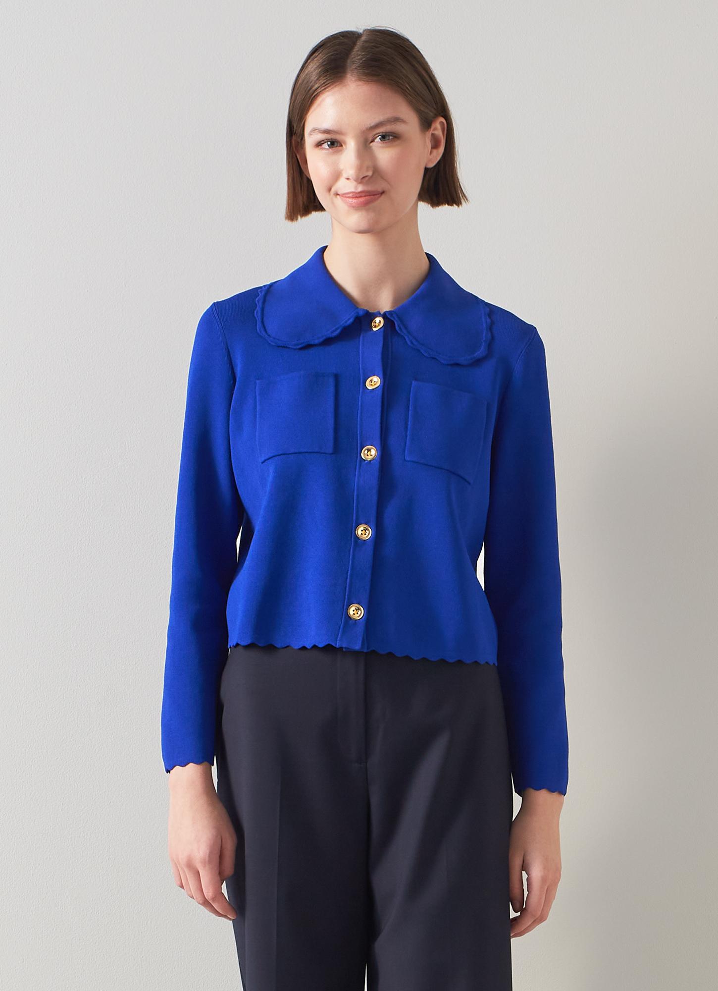 美品LE.NAN Lady knit jacket blue Rosa Blue Knit Scallop Trim Cardigan | Clothing | Sale